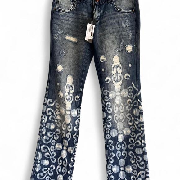 Miss Sixty Flare Jeans Y2K Low Rise Floral Bleached 2000s Deadstock NWT Size 24 - Picture 1 of 8